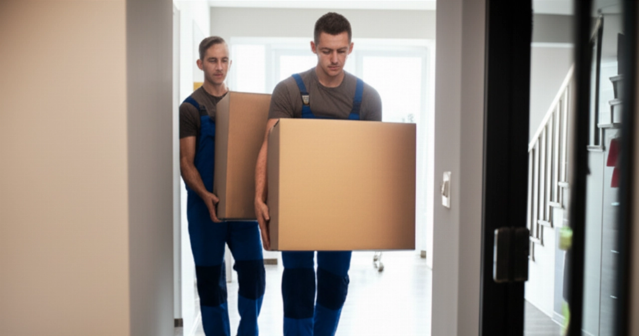 Professionelle kaukasische Umzugshelfer tragen einen Karton in einem Wohnungskorridor.