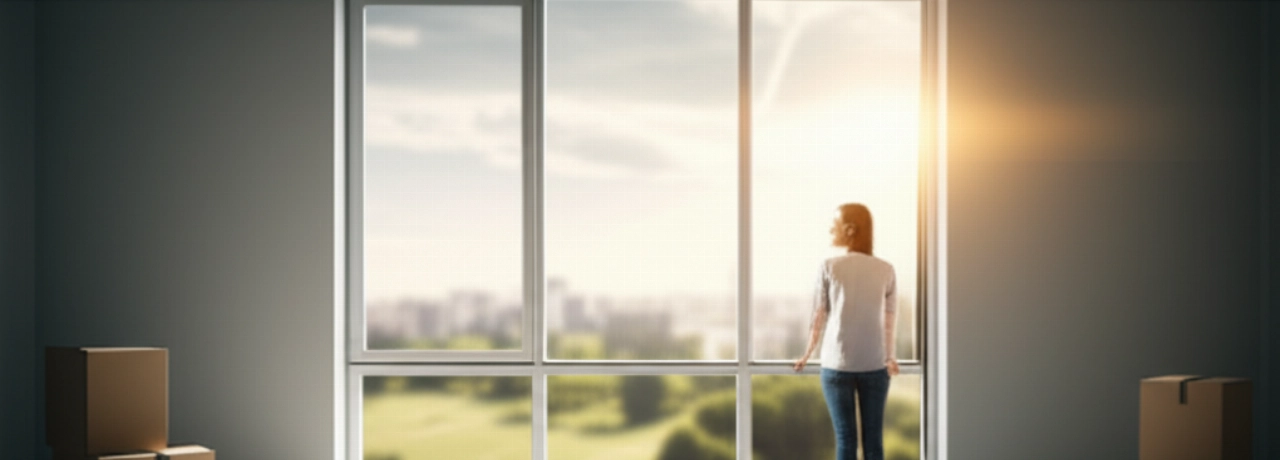 Kaukasische Frau in einer hellen neuen Wohnung mit Kartons, die aus dem Fenster schaut.