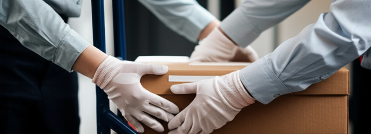Hyperrealistische Nahaufnahme kaukasischer Fachleute, die sorgfältig beschriftete Archivkartons handhaben, wobei Präzision und Sicherheit während des Umzugs betont werden.