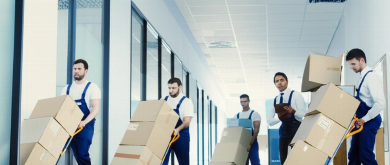 Kaukasische Fachleute managen sorgfältig einen organisierten Firmenumzug und transportieren Kisten und Ausrüstung in einem Büroflur.
