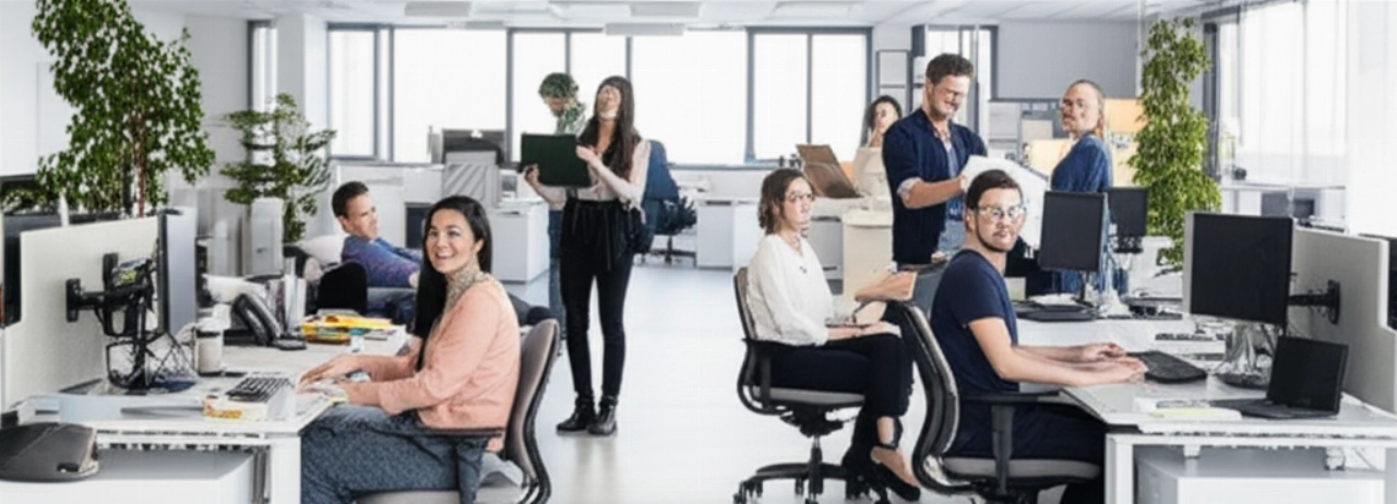 Zufriedene kaukasische Mitarbeiter arbeiten in einem neuen und modernen Firmenbüro, was einen erfolgreichen Umzug und neue Produktivität symbolisiert.