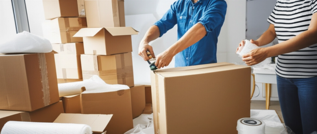 Zwei kaukasische Personen packen fleißig Umzugskartons für einen Umzug in einer gut beleuchteten Wohnung.