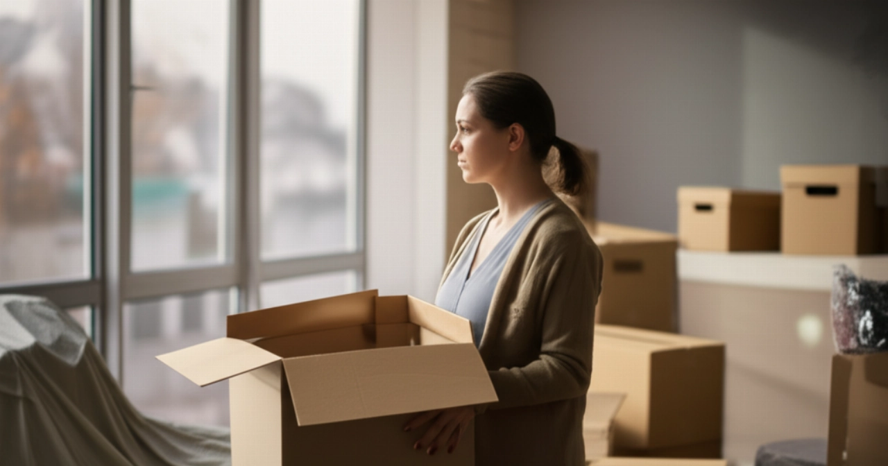 Kaukasische Frau in einem neuen, teilweise ausgepackten Zuhause, mit Umzugskartons, die über den Prozess nachdenkt.