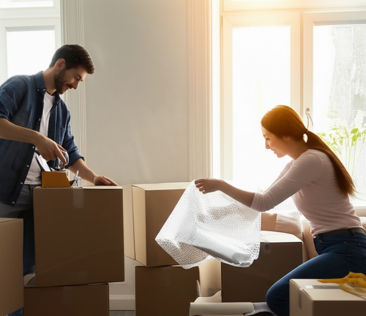 Kaukasisches Paar packt sorgfältig Haushaltsgegenstände in Umzugskartons, wobei Sonnenlicht die Szene erhellt.