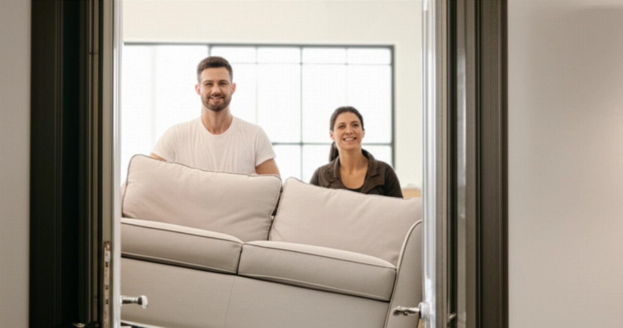 Glückliches kaukasisches Paar, das ein Sofa durch die Tür ihres neuen Zuhauses trägt, was die Leichtigkeit und Teamarbeit während eines Umzugs hervorhebt.