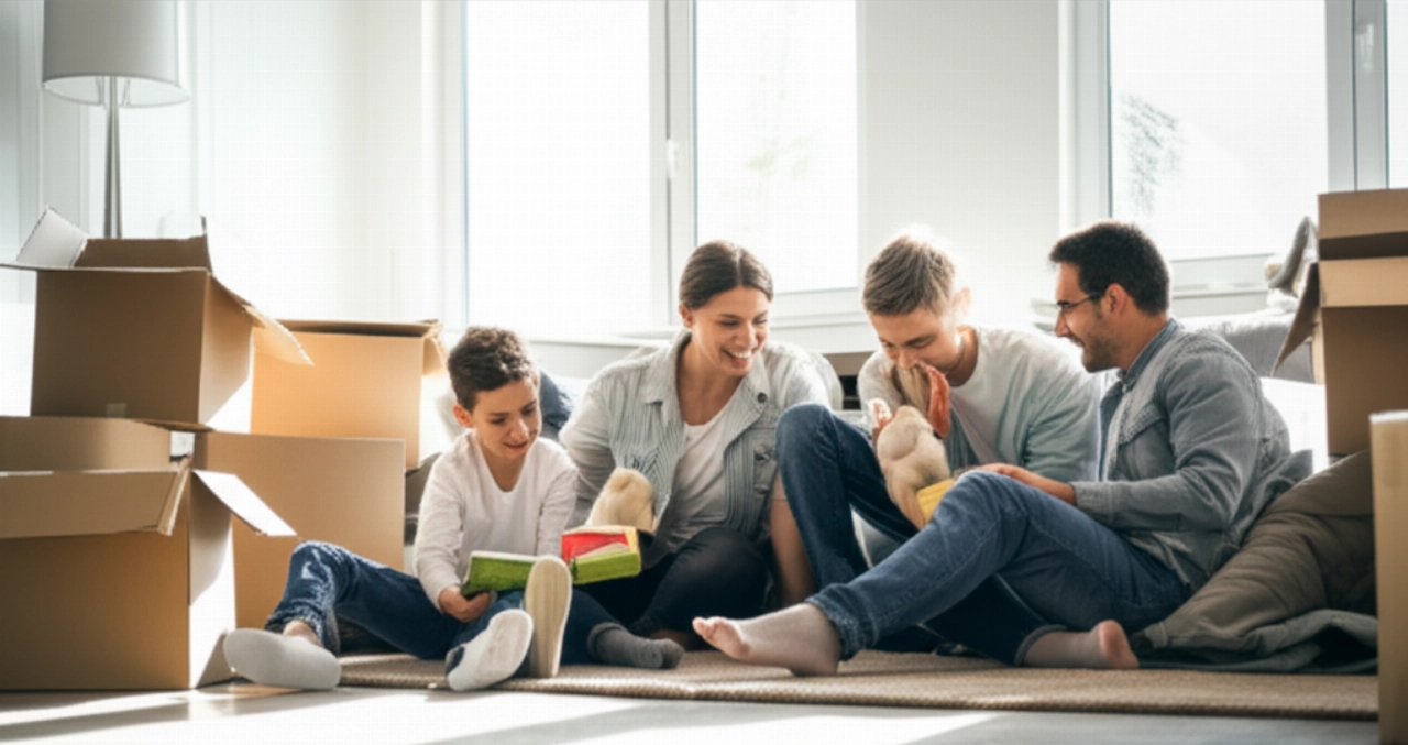 Glückliche kaukasische Familie, die sich auf dem Boden ihres neuen hellen Wohnzimmers entspannt und Komfort und Freude nach einem erfolgreichen Umzug genießt.