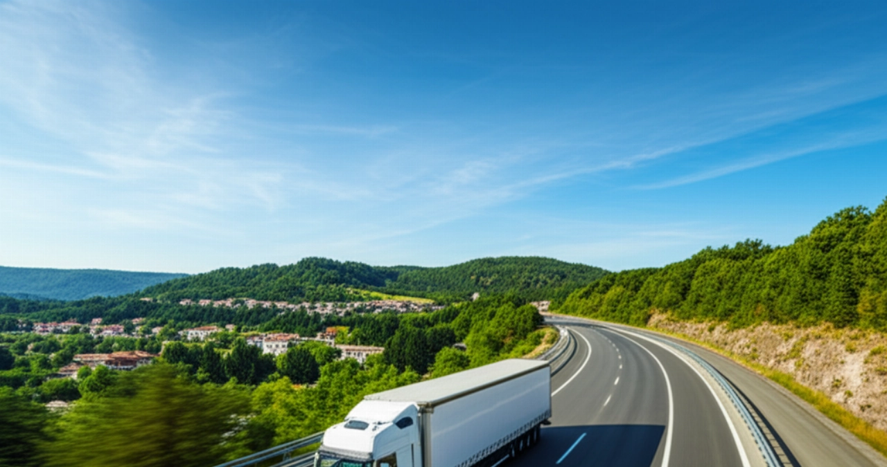 Ein moderner Umzugswagen fährt auf einer malerischen Autobahn durch die Alpen und symbolisiert die Reise von Deutschland nach Italien.