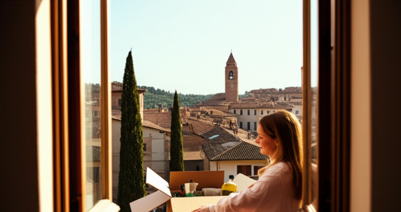 Eine kaukasische Frau lächelt, während sie Kartons in einer sonnigen italienischen Wohnung auspackt, mit einem malerischen Blick auf ein italienisches Dorf aus dem Fenster.