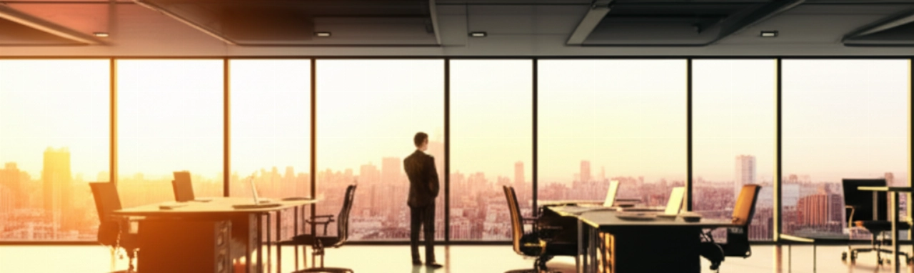 Modernes und makelloses, neu eingerichtetes Büro mit großen Fenstern, die auf eine urbane Skyline blicken, ein kaukasischer Manager beobachtet die Aussicht.