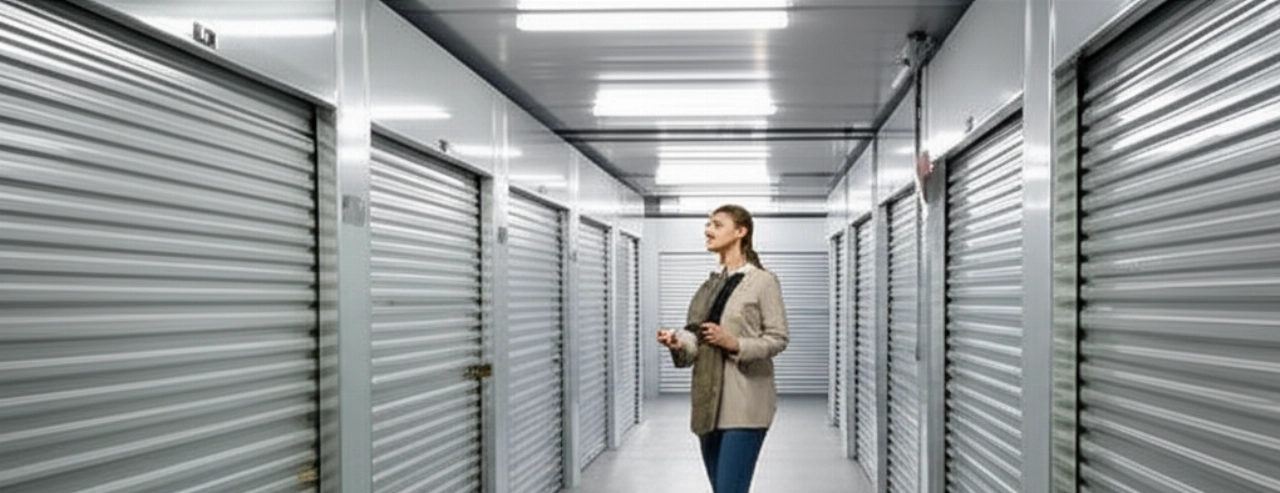 Innenansicht eines modernen Self-Storage-Lagers mit Reihen beleuchteter und sicherer Einheiten. Eine kaukasische Person steht im Gang, den Schlüssel in der Hand, bereit, ihre Einheit zu betreten.
