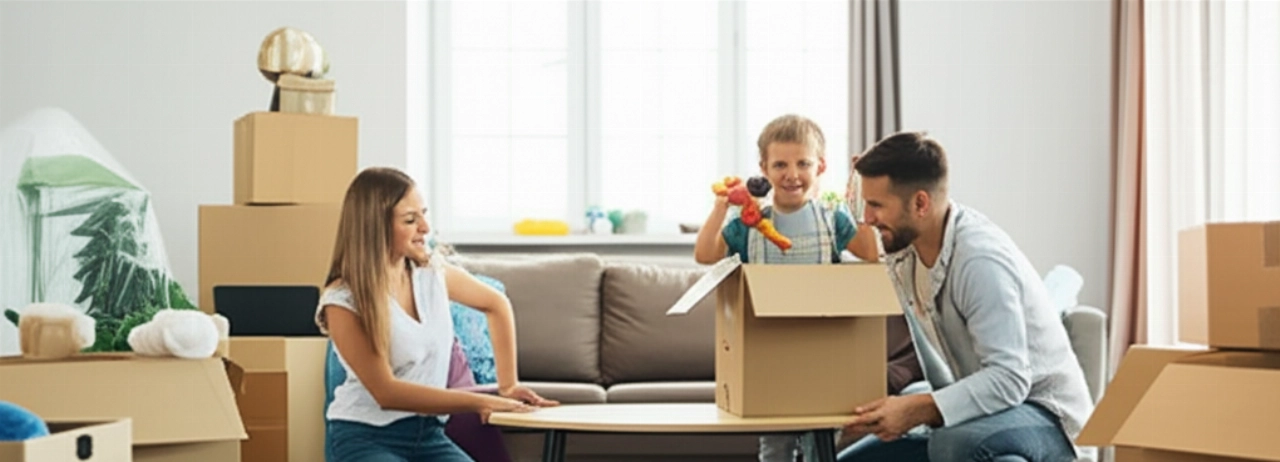 Eine glückliche kaukasische Familie packt Kartons in ihrem neuen sonnendurchfluteten Wohnzimmer aus, wobei die Hauptmöbel bereits arrangiert sind und Kartons gestapelt sind.