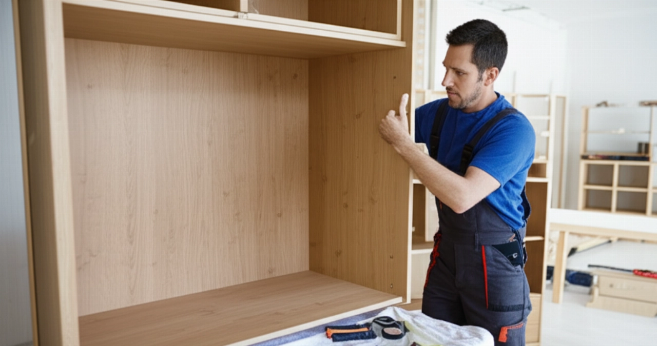 Ein kaukasischer Techniker montiert präzise einen modernen Kleiderschrank in einem hellen Raum, was Fachkenntnisse und Liebe zum Detail hervorhebt.