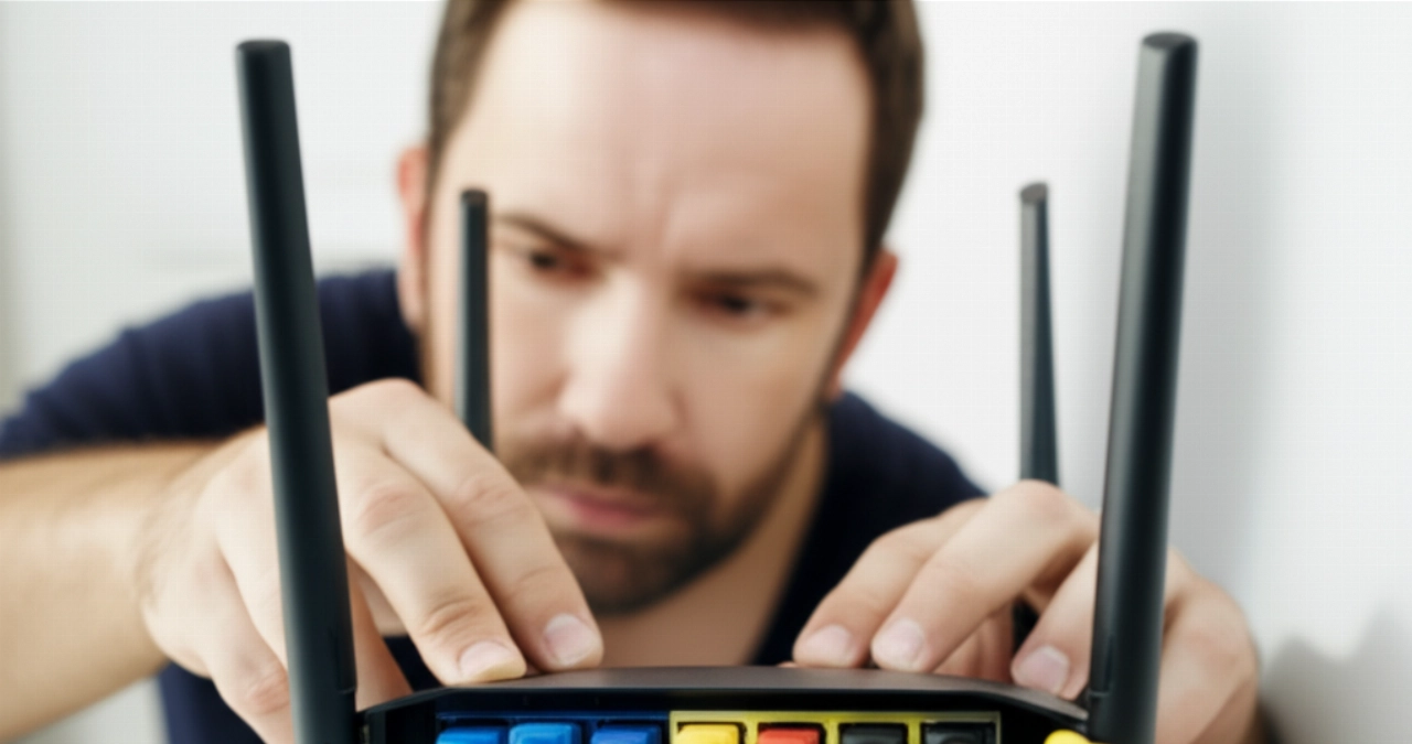 Hyperrealistische Nahaufnahme eines kaukasischen Mannes, der einen Internet-Router in einer neuen Wohnung anschließt.