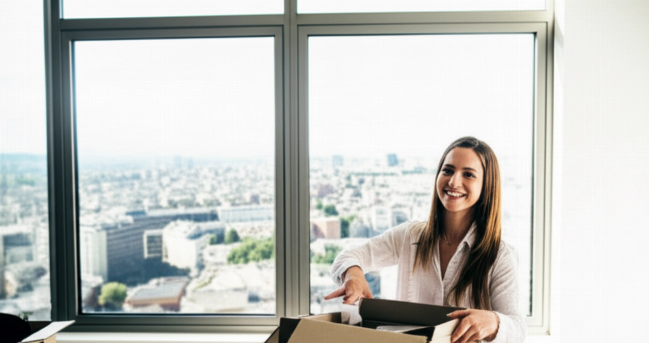 Glückliche kaukasische Frau packt in einer hellen neuen Wohnung aus, mit Panoramablick auf eine europäische Stadt, nach einem internationalen Umzug.