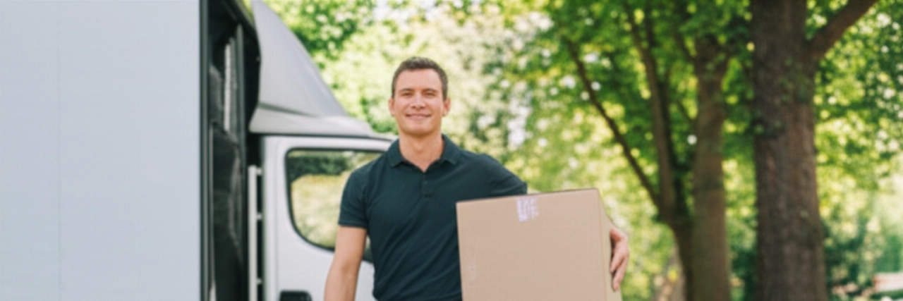 Ein lächelnder, professioneller kaukasischer Mann trägt mühelos einen gut verpackten Umzugskarton zu einem modernen Lastwagen, was einen effizienten und stressfreien Transport veranschaulicht.