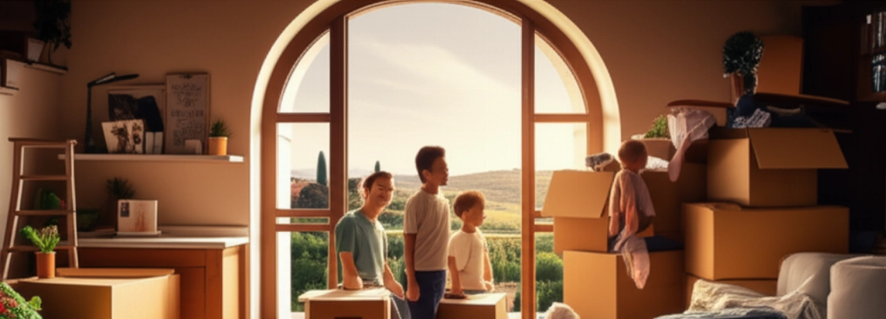 Eine lächelnde kaukasische Familie packt Kartons in ihrem neuen Zuhause in Italien aus, mit einem Panoramablick auf die italienische Landschaft.