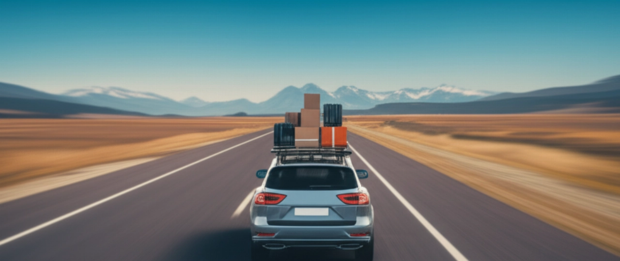 Ein mit Kartons und Gepäck beladenes Auto fährt auf einer Autobahn durch eine weite Landschaft und symbolisiert einen Fernumzug außerhalb der Region.