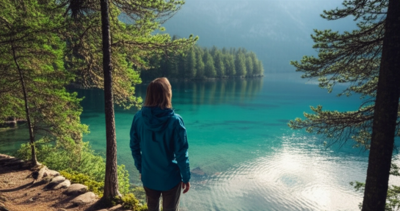 Eine kaukasische Person in Wanderkleidung bewundert einen ruhigen norwegischen See, umgeben von Wäldern und Bergen.