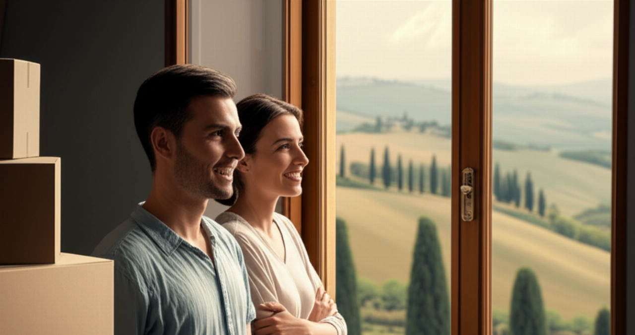 Ein glückliches kaukasisches Paar lächelt, während es aus dem Fenster ihrer neuen italienischen Wohnung blickt, mit Umzugskartons im Hintergrund und einer ländlichen Landschaft. Das Bild vermittelt die Freude eines Neuanfangs.
