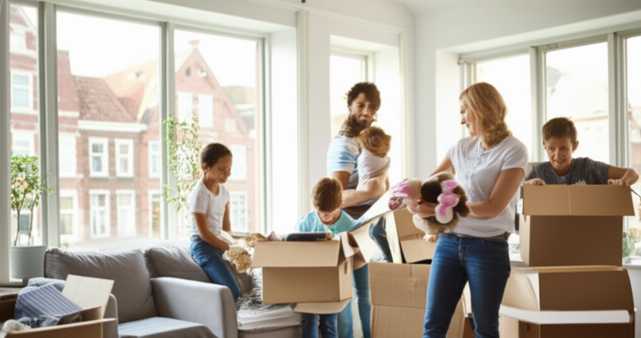 Glückliche kaukasische Familie packt Kisten in ihrem hellen neuen Zuhause in Belgien aus.