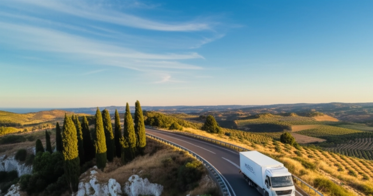 Weißer Umzugswagen fährt auf einer malerischen Küstenautobahn, wobei die Landschaft von italienischen Klippen zu spanischen Hügeln übergeht.