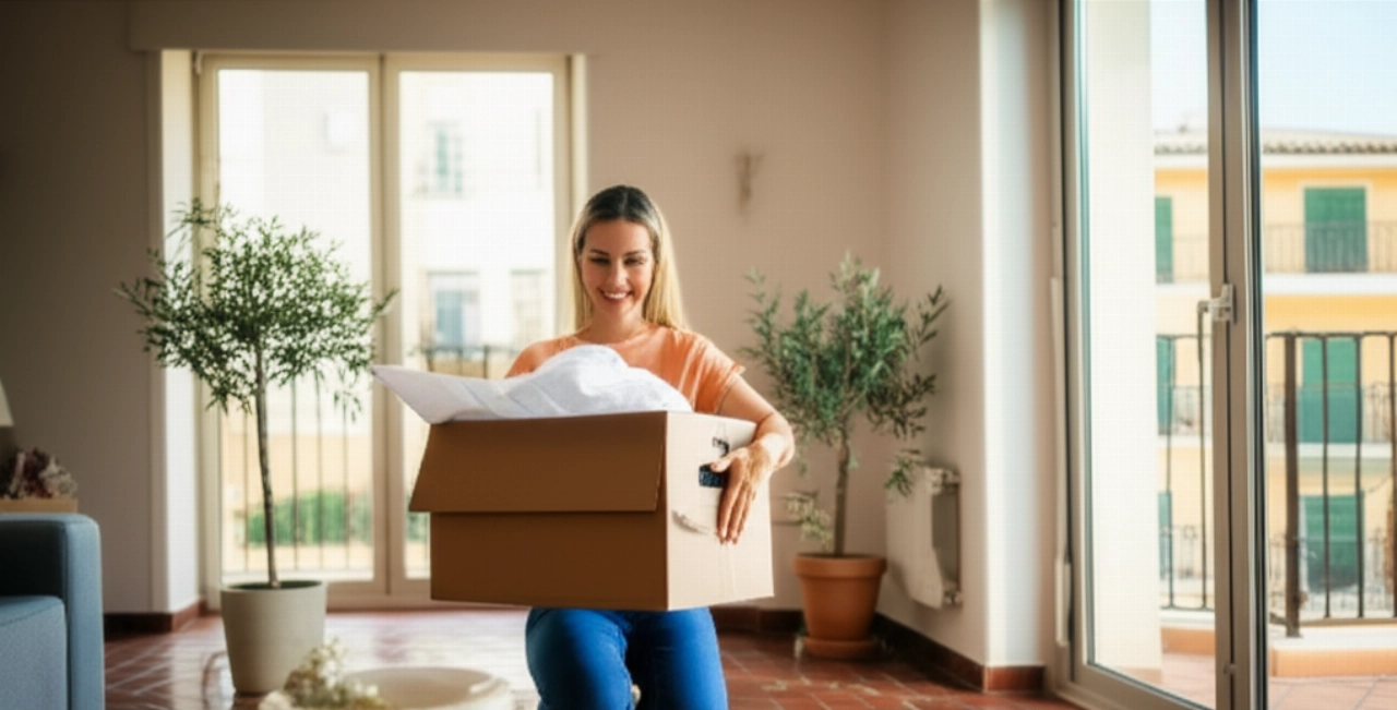 Lächelnde kaukasische Frau packt einen Umzugskarton in einem hellen und modernen spanischen Wohnzimmer aus, umgeben von Gegenständen, die ein neues Zuhause andeuten.