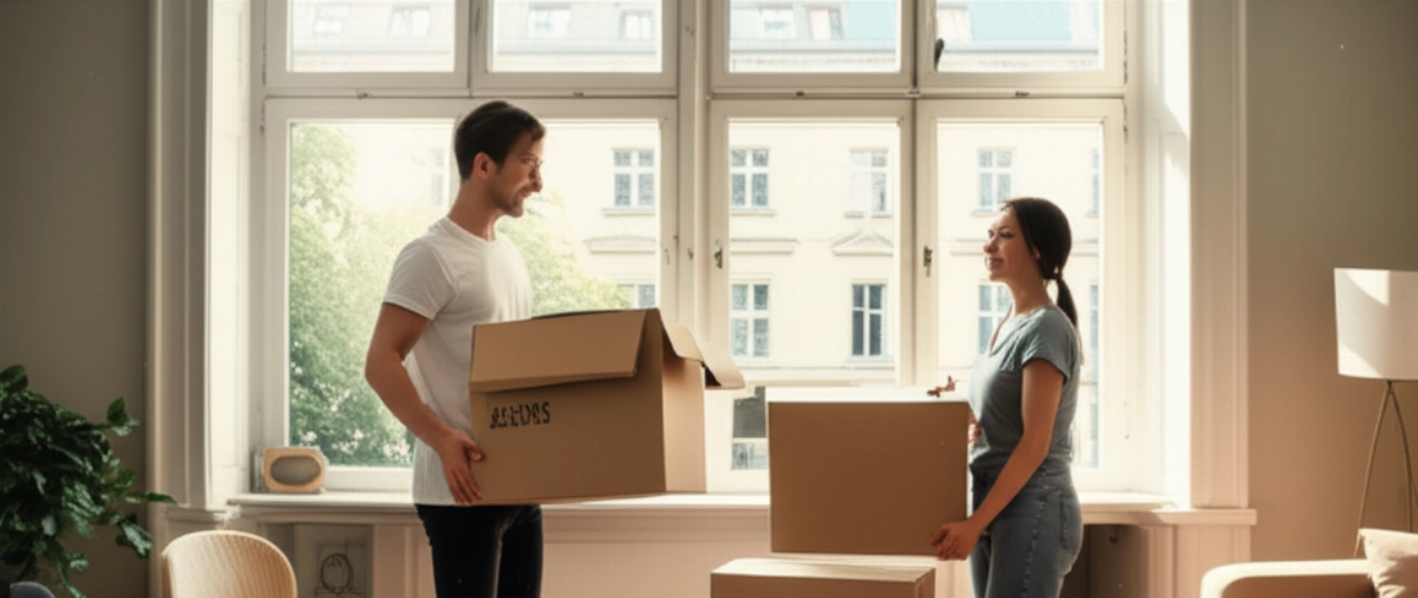 Ein kaukasisches Paar lächelt, während es Kartons in einer hellen, modernen Wohnung in Berlin mit Stadtblick auspackt.