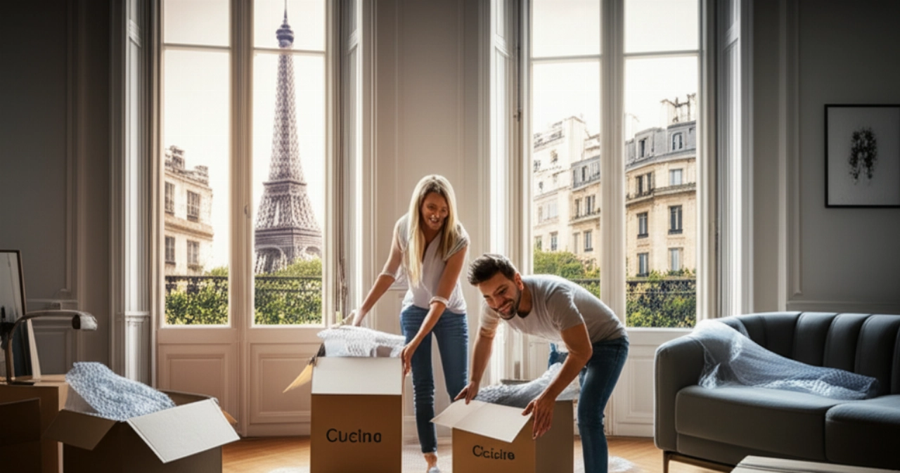 Kaukasisches Paar packt in einer eleganten Pariser Wohnung mit Blick auf den Eiffelturm aus, was einen Neuanfang symbolisiert.