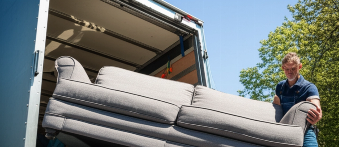 Ein kaukasischer Umzugshelfer lädt an einem sonnigen Tag ein großes Sofa auf einen Umzugswagen.