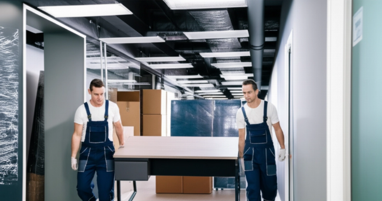 Zwei professionelle kaukasische Umzugshelfer transportieren vorsichtig einen modernen Schreibtisch durch einen Büroflur während eines Firmenumzugs.