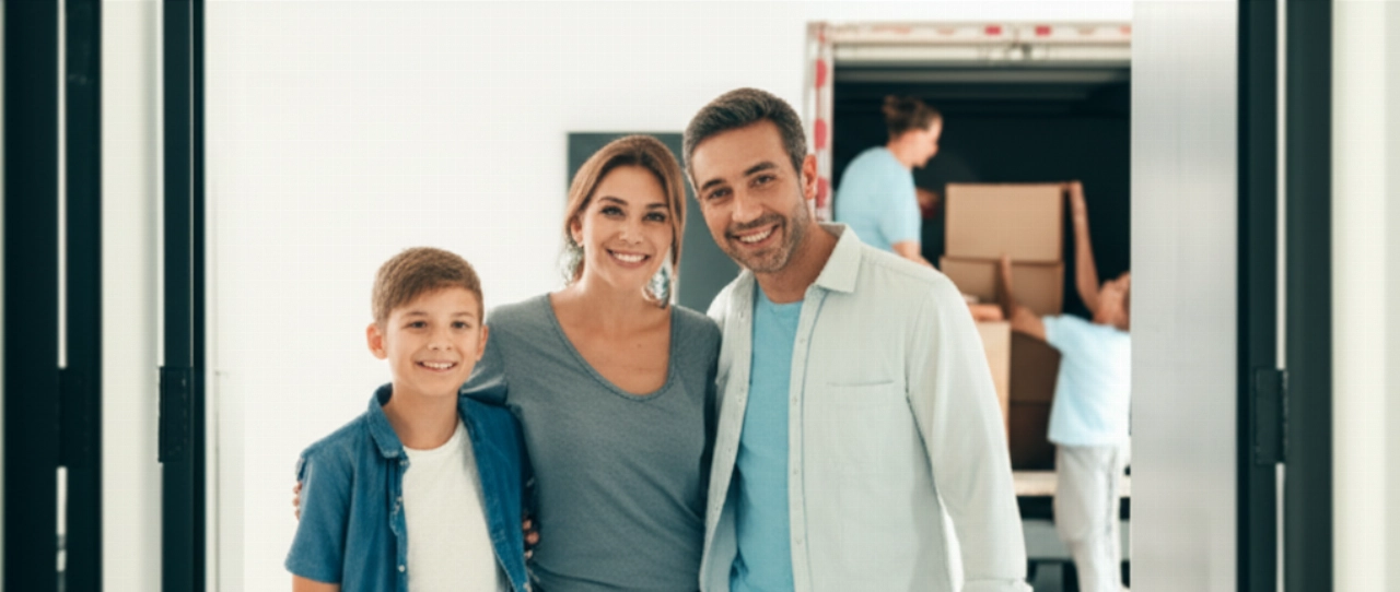 Eine lächelnde kaukasische Familie steht auf der Schwelle ihres hellen neuen Zuhauses, während im Hintergrund Kartons von professionellen Umzugshelfern entladen werden, was einen Neuanfang symbolisiert.