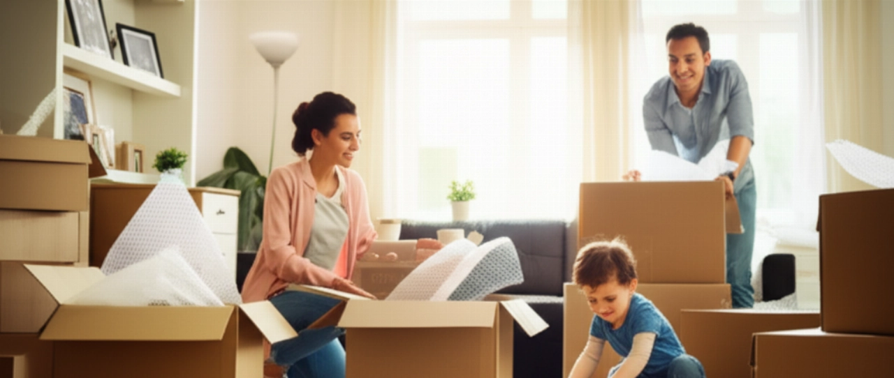 Eine glückliche kaukasische Familie packt freudig Kartons im hellen Wohnzimmer ihres neuen Zuhauses aus.