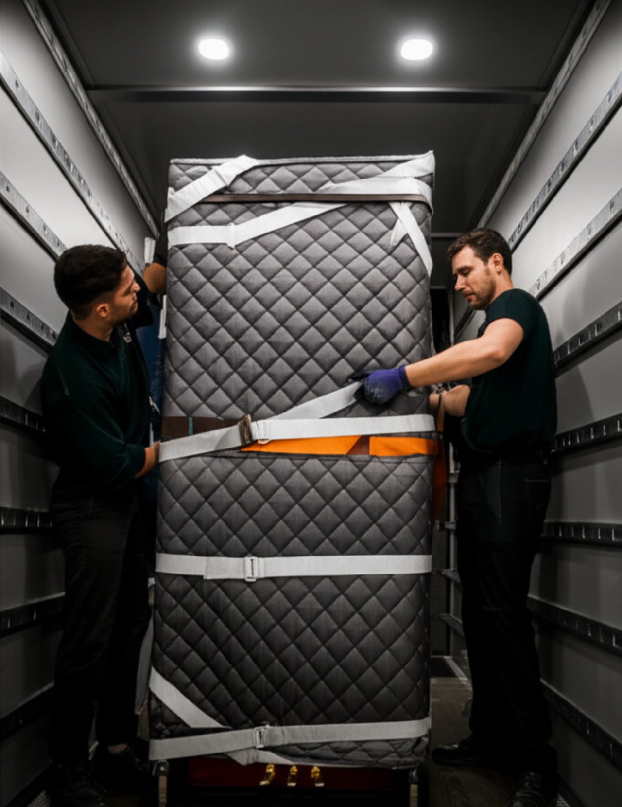Ein aufrechtes Klavier, in Schutzdecken gewickelt und mit Gurten gesichert, in einem spezialisierten LKW, wobei ein kaukasischer Umzugshelfer dessen Sicherheit überprüft.