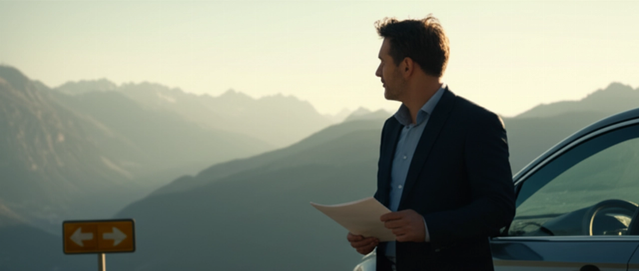 Kaukasischer Mann steht mit Dokumenten vor einer Alpenlandschaft, die eine Grenze zwischen der Schweiz und Italien andeutet.