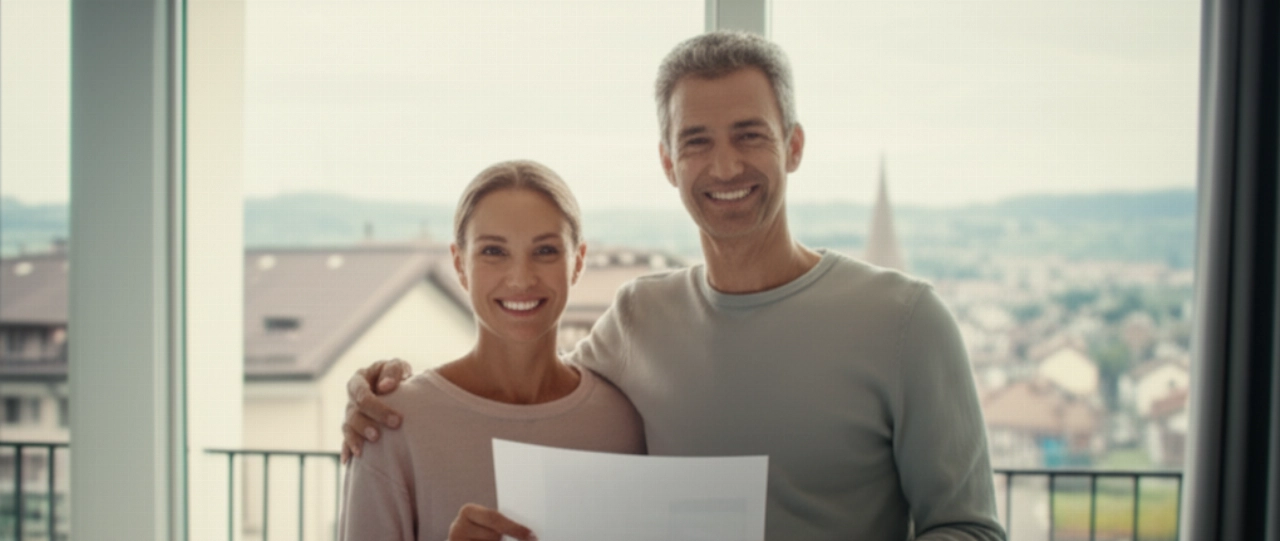 Lächelndes und entspanntes kaukasisches Paar in einem neuen Zuhause, Dokumente in der Hand, nach einem erfolgreichen Umzug.