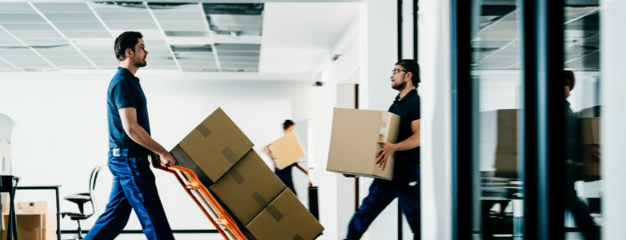 Hyperrealistische Szene von kaukasischen Umzugshelfern, die Kartons entlang eines Büroflurs transportieren, was die Effizienz des Umzugsprozesses hervorhebt.