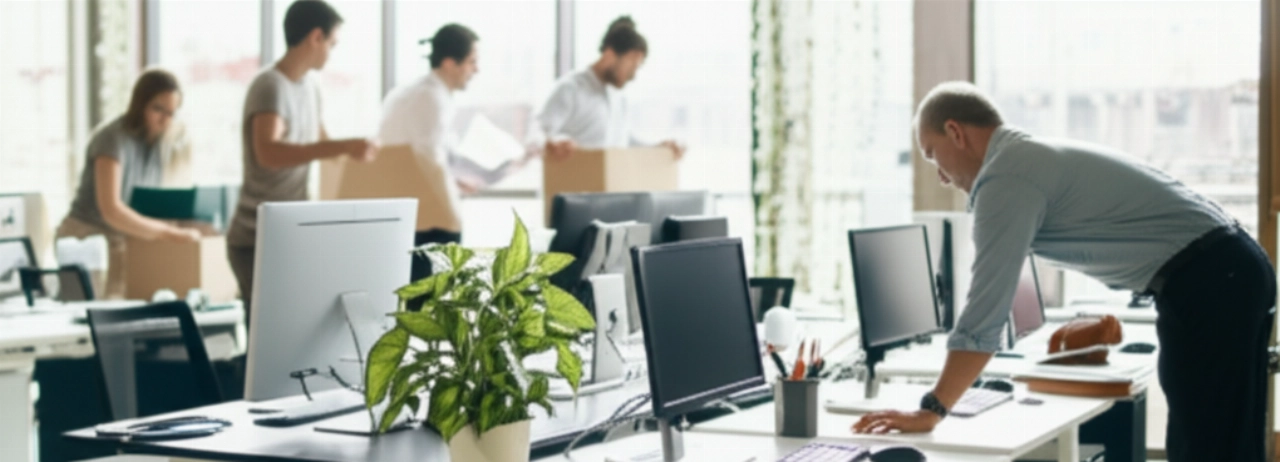 Hyperrealistisches Bild eines neuen, modernen und hellen Büros, mit kaukasischen Mitarbeitern, die die letzten Kartons auspacken und die Arbeitsplätze einrichten, was einen Neuanfang symbolisiert.