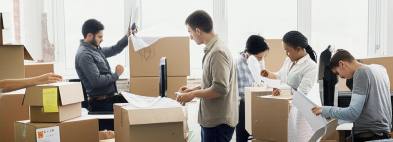 Kaukasische Mitarbeiter sind während eines Umzugs damit beschäftigt, Kartons und Büroausstattung zu verpacken.