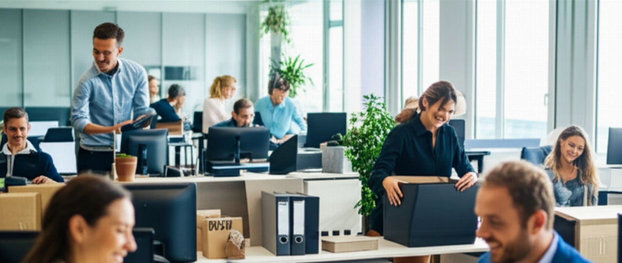 Neues modernes Büro mit kaukasischen Mitarbeitern, die sich nach einem Umzug an ihren Arbeitsplätzen einrichten und arbeiten.