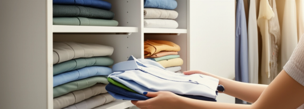 Hände einer kaukasischen Frau, die frisch ausgepackte Kleidung ordentlich in einem modernen, sauberen Kleiderschrank anordnet.