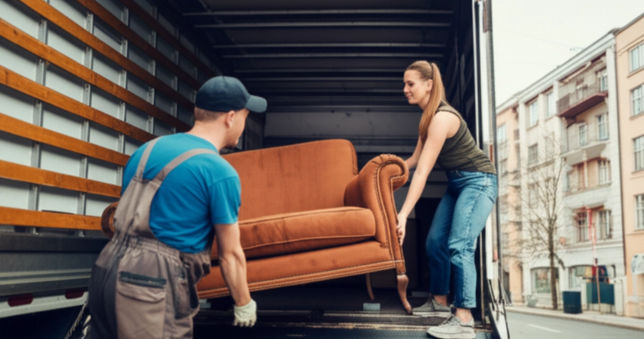 Ein kaukasischer Mann und eine Frau laden ein klassisches Sofa auf die Rampe eines Umzugswagens.