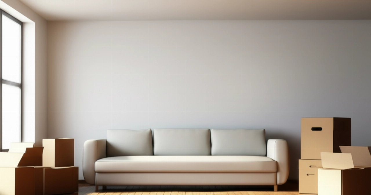 Ein großes Sofa steht in der Mitte eines geräumigen, leeren Wohnzimmers, mit Umzugskartons in der Nähe.