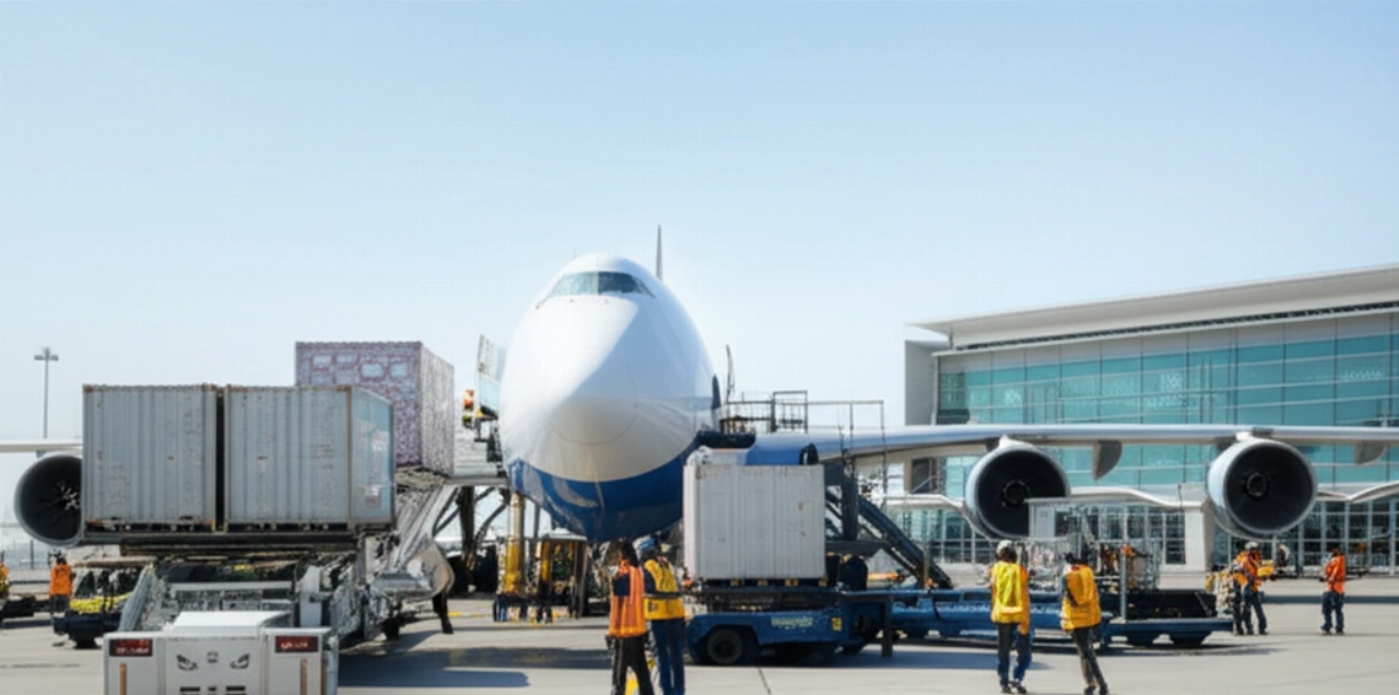 Frachtflugzeug wird auf einer Flughafenlandebahn beladen, mit kaukasischem Personal, das die internationale Luftlogistik darstellt.