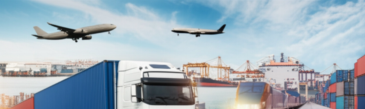 Verschiedene Transportmittel (LKW, Zug, Schiff, Flugzeug) konvergieren und veranschaulichen das komplexe Netz des internationalen Versands.