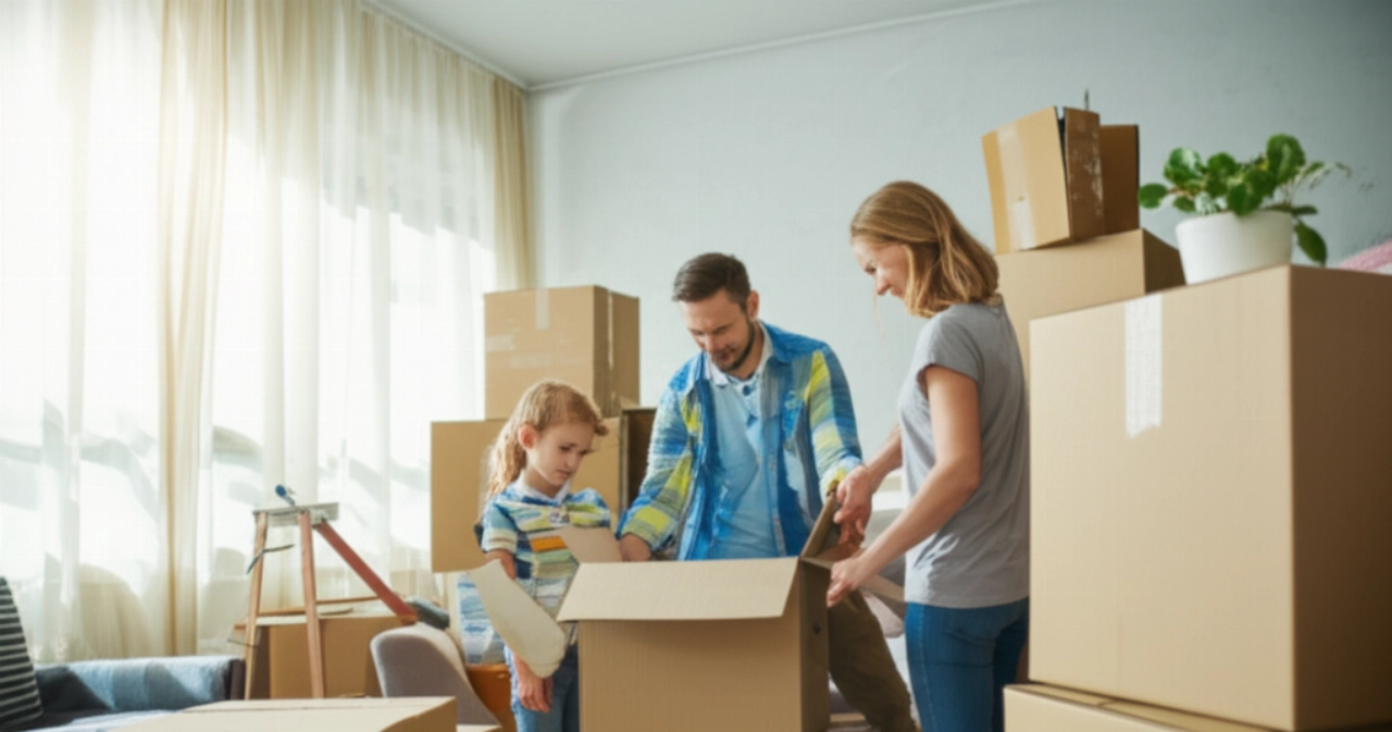 Eine glückliche kaukasische Familie packt Kartons in ihrem neuen, hellen Wohnzimmer aus, umgeben von Umzugskartons.