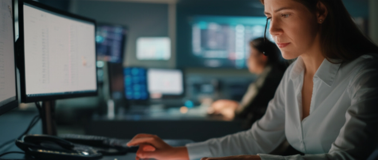 Eine kaukasische Disponentin, die mit einer digitalen Karte von Transportrouten zwischen Italien und Deutschland interagiert und so fortschrittliches Logistikmanagement symbolisiert.