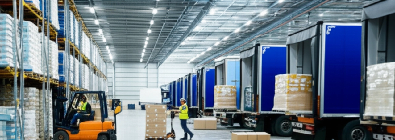 Hyperrealistisches Interieur eines modernen Logistikzentrums an der italienisch-schweizerischen Grenze, mit kaukasischen Arbeitern, die Waren bewegen, und Lastwagen, die be- und entladen werden.