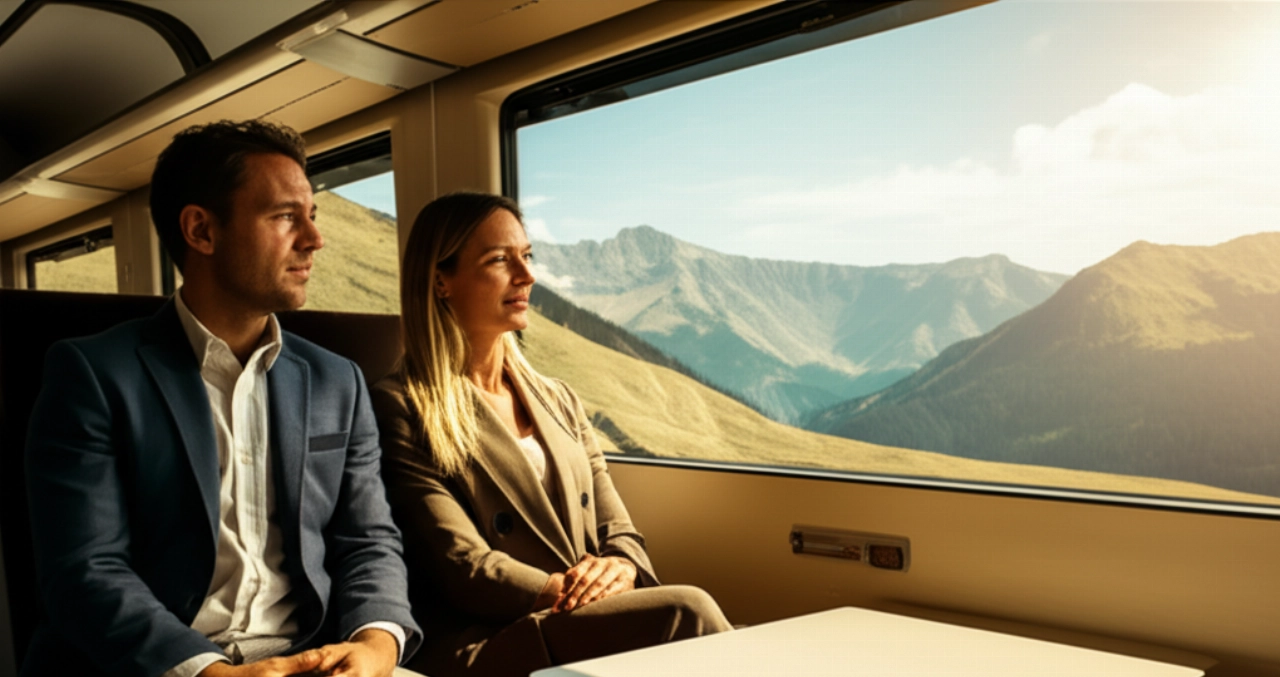 Kaukasische Passagiere in einem modernen Alpintrain, die die Berglandschaft durch ein großes Fenster bewundern, mit einer luxuriösen und komfortablen Atmosphäre.