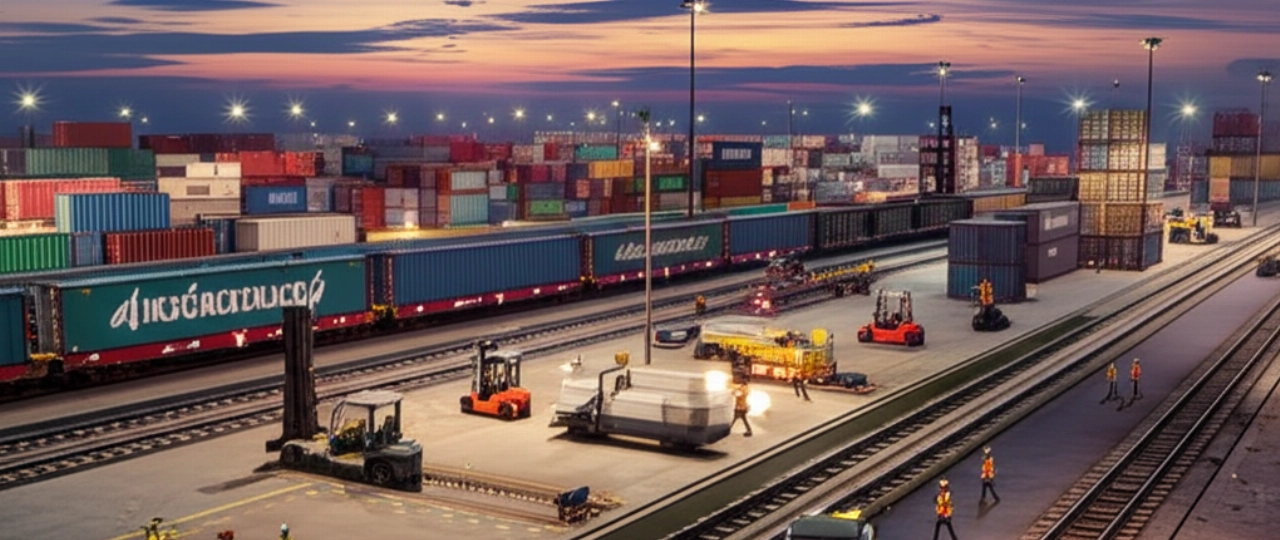 Großes nationales Logistikzentrum mit Güterzügen und Containern in der Dämmerung.