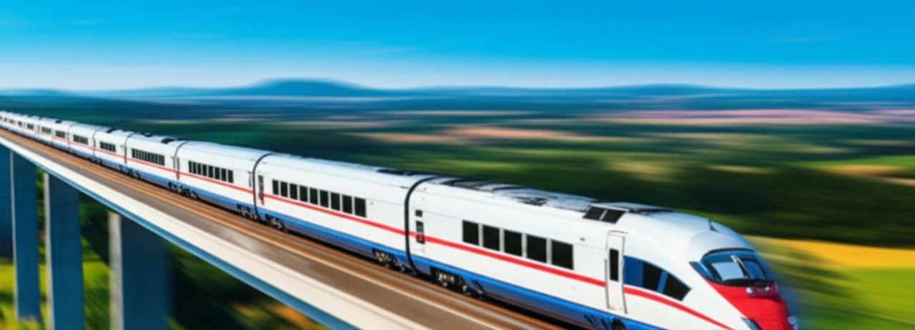 Futuristischer Hochgeschwindigkeitszug, der über ein Viadukt rast und eine üppig grüne europäische Landschaft unter einem klaren Himmel durchquert.
